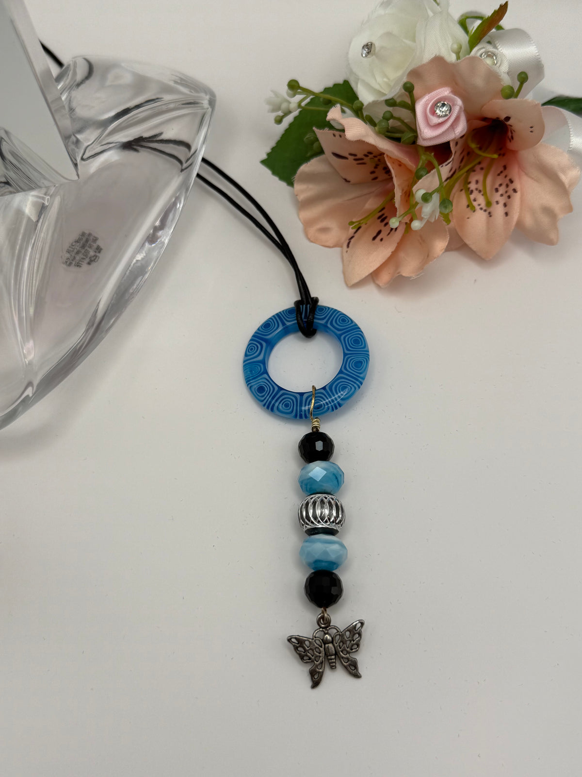 Blue Beaded Circle Pendant Necklace with Butterfly Charm