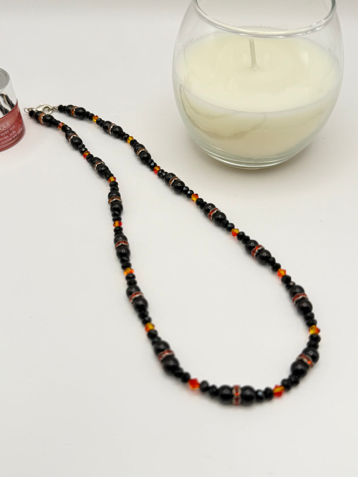 Orange Swarovski crystal with black onyx pearls
