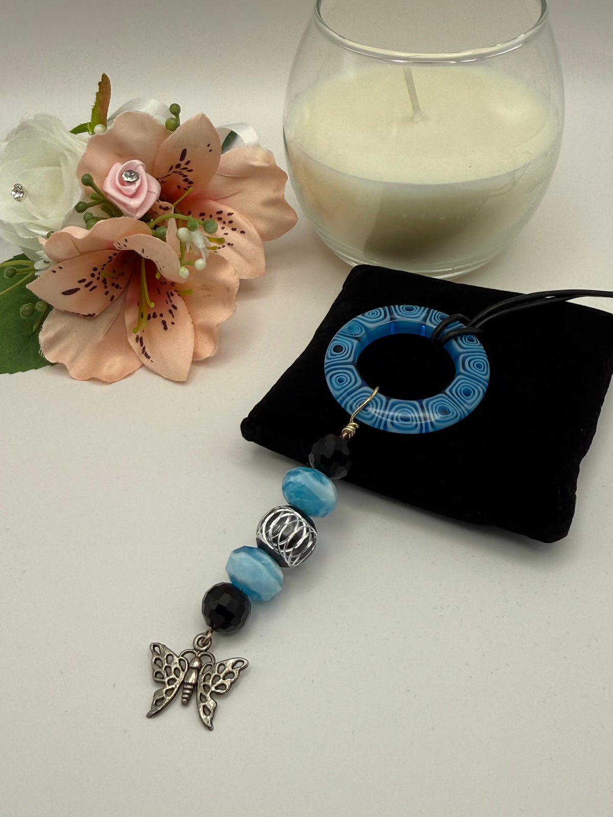 Blue Beaded Circle Pendant Necklace with Butterfly Charm