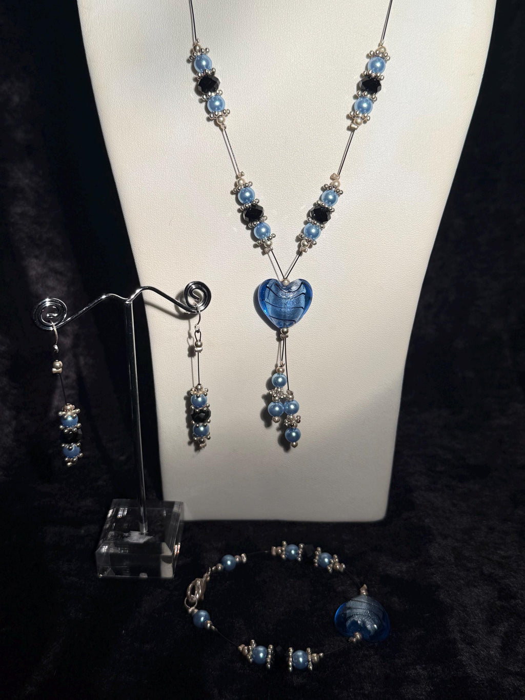 Blue Glass Heart Jewellery Set, Pearl Crystal Beaded Necklace Bracelet Earrings, UK Handmade