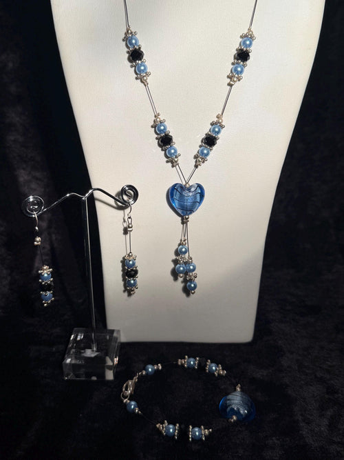 Blue Glass Heart Jewellery Set, Pearl Crystal Beaded Necklace Bracelet Earrings, UK Handmade