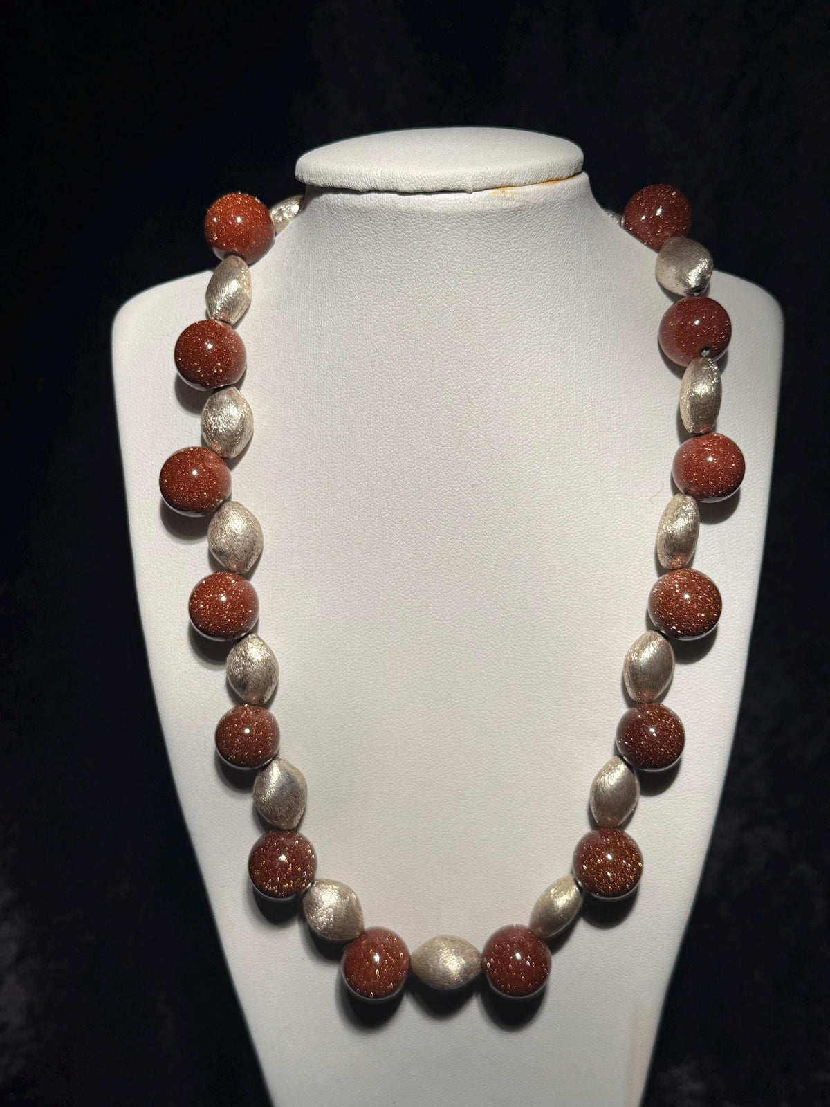 Brown Goldstone & Silver Jewellery Set - Necklace, Bracelet, Earrings