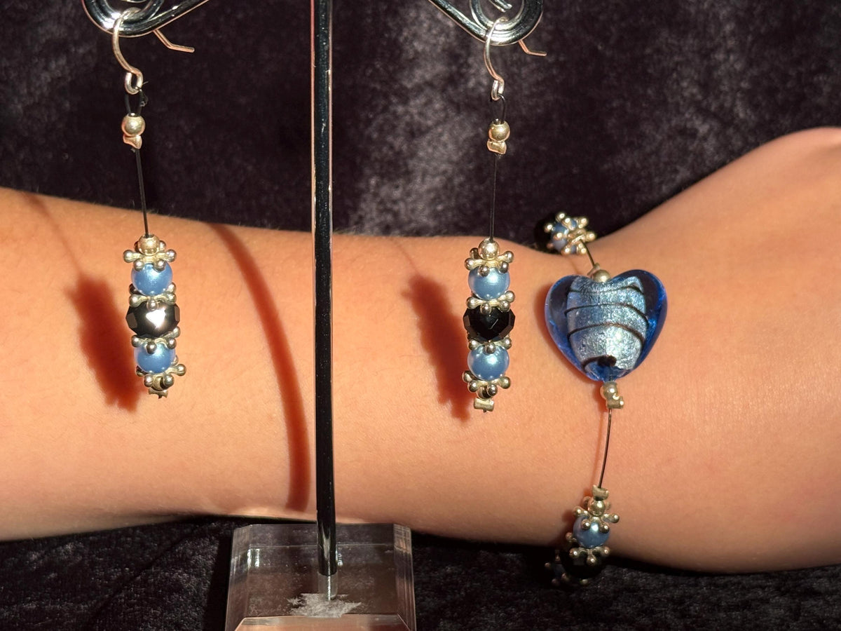 Blue Glass Heart Jewellery Set, Pearl Crystal Beaded Necklace Bracelet Earrings, UK Handmade