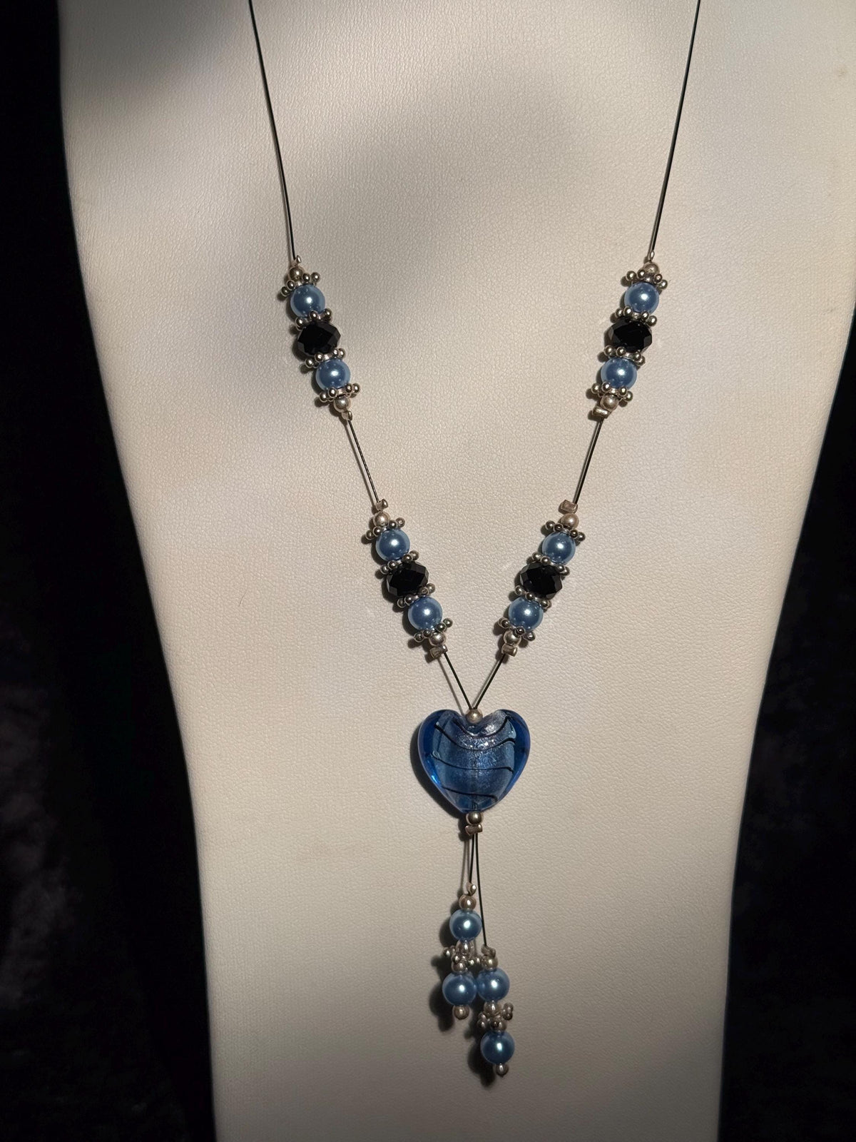 Blue Glass Heart Jewellery Set, Pearl Crystal Beaded Necklace Bracelet Earrings, UK Handmade