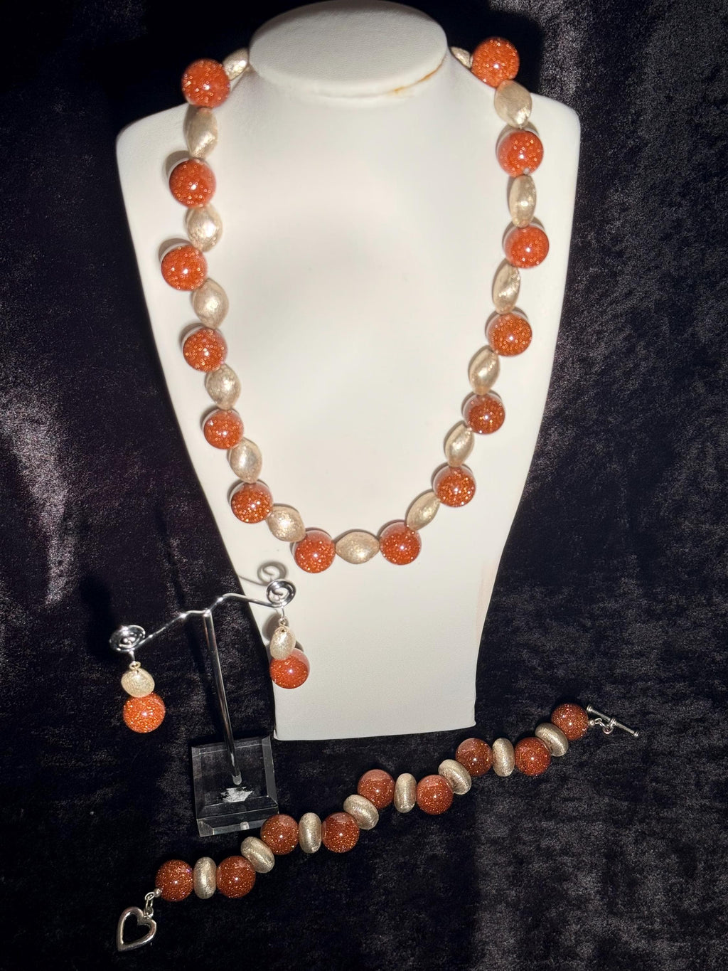 Brown Goldstone & Silver Jewellery Set - Necklace, Bracelet, Earrings