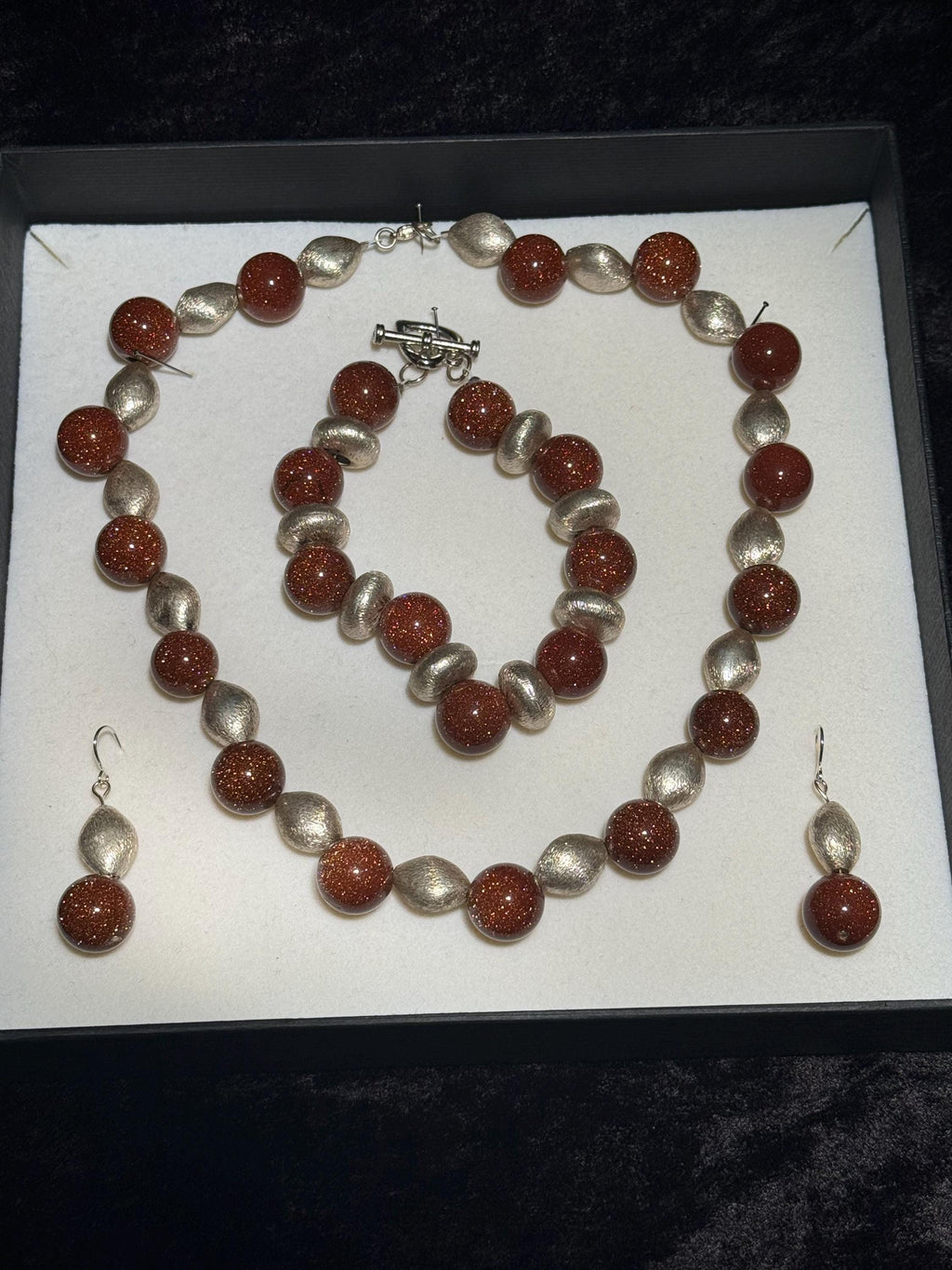 Brown Goldstone & Silver Jewellery Set - Necklace, Bracelet, Earrings