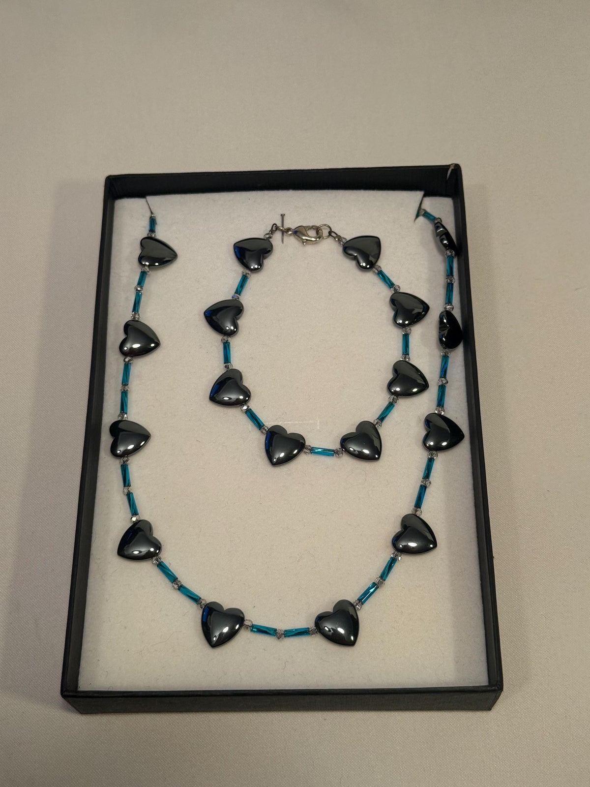 Hematite Heart Necklace â€“ Blue & Silver Beaded Statement Necklace, Bracelet Set