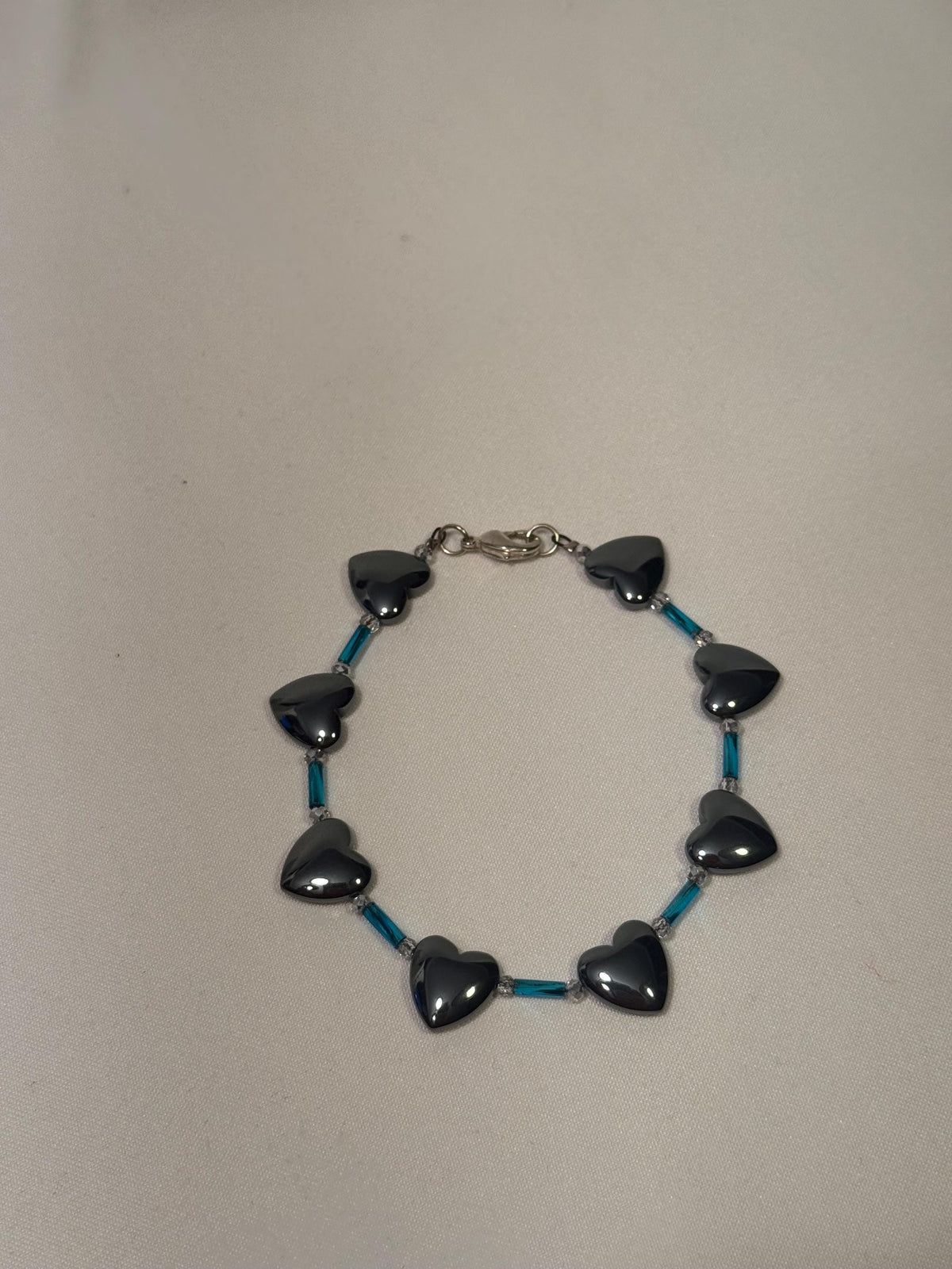 Hematite Heart Necklace â€“ Blue & Silver Beaded Statement Necklace, Bracelet Set