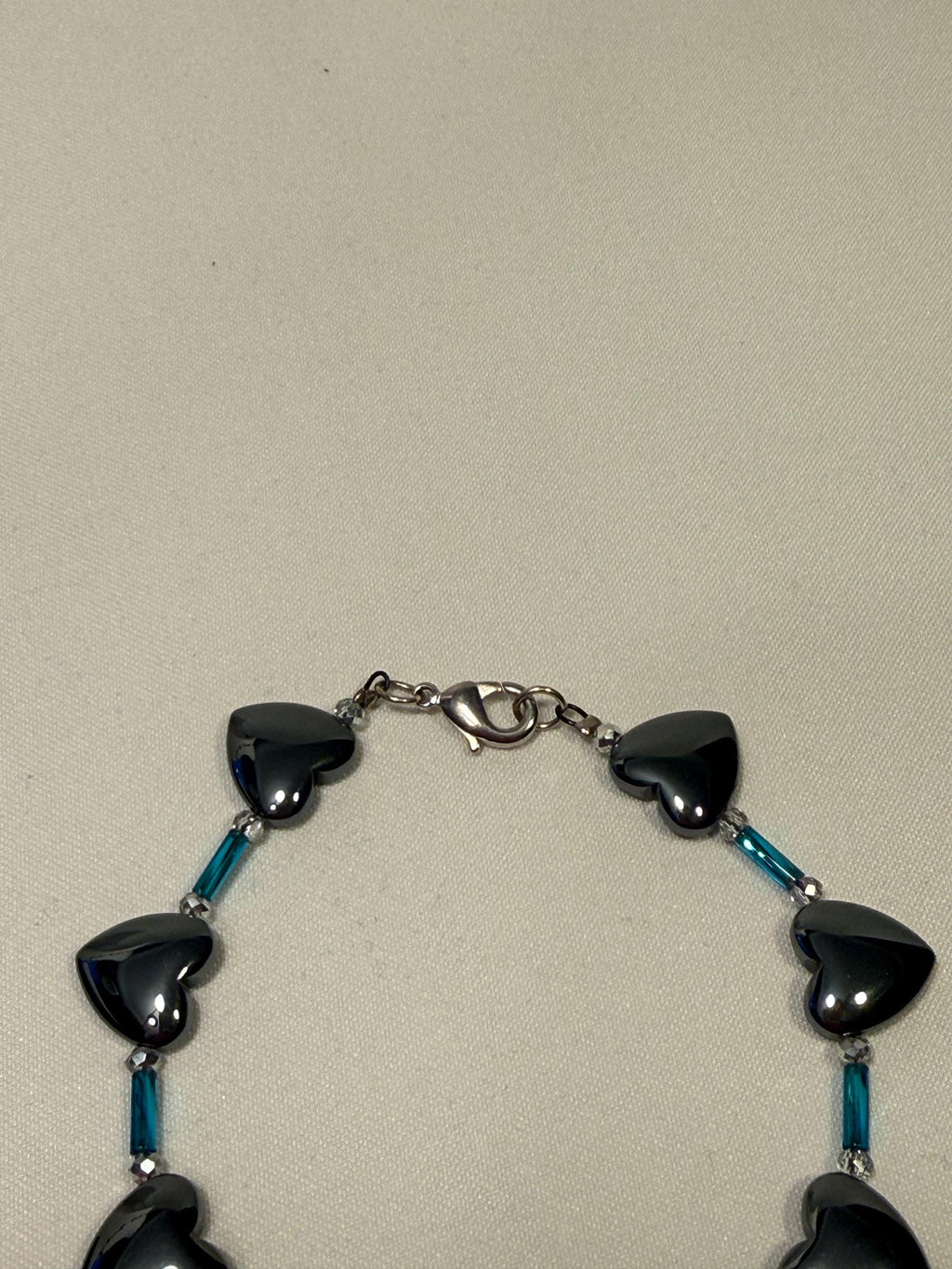Hematite Heart Necklace â€“ Blue & Silver Beaded Statement Necklace, Bracelet Set