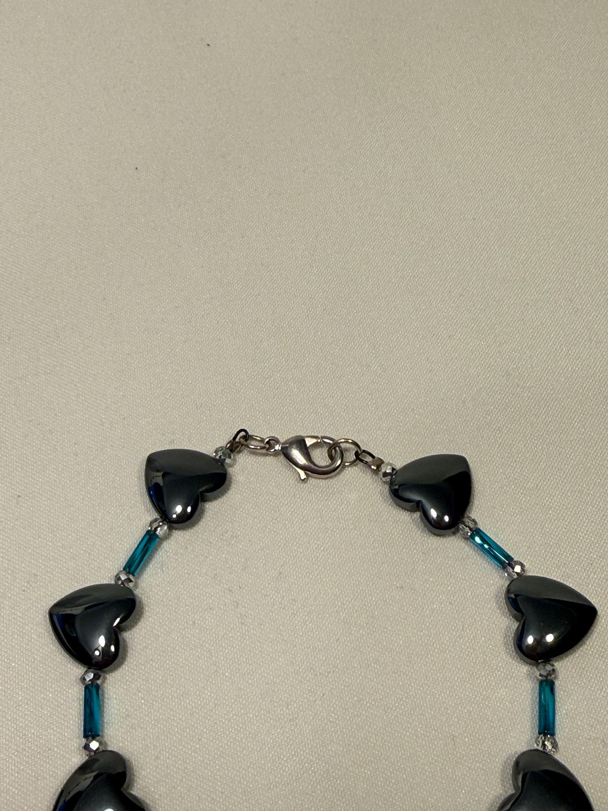 Hematite Heart Necklace â€“ Blue & Silver Beaded Statement Necklace, Bracelet Set