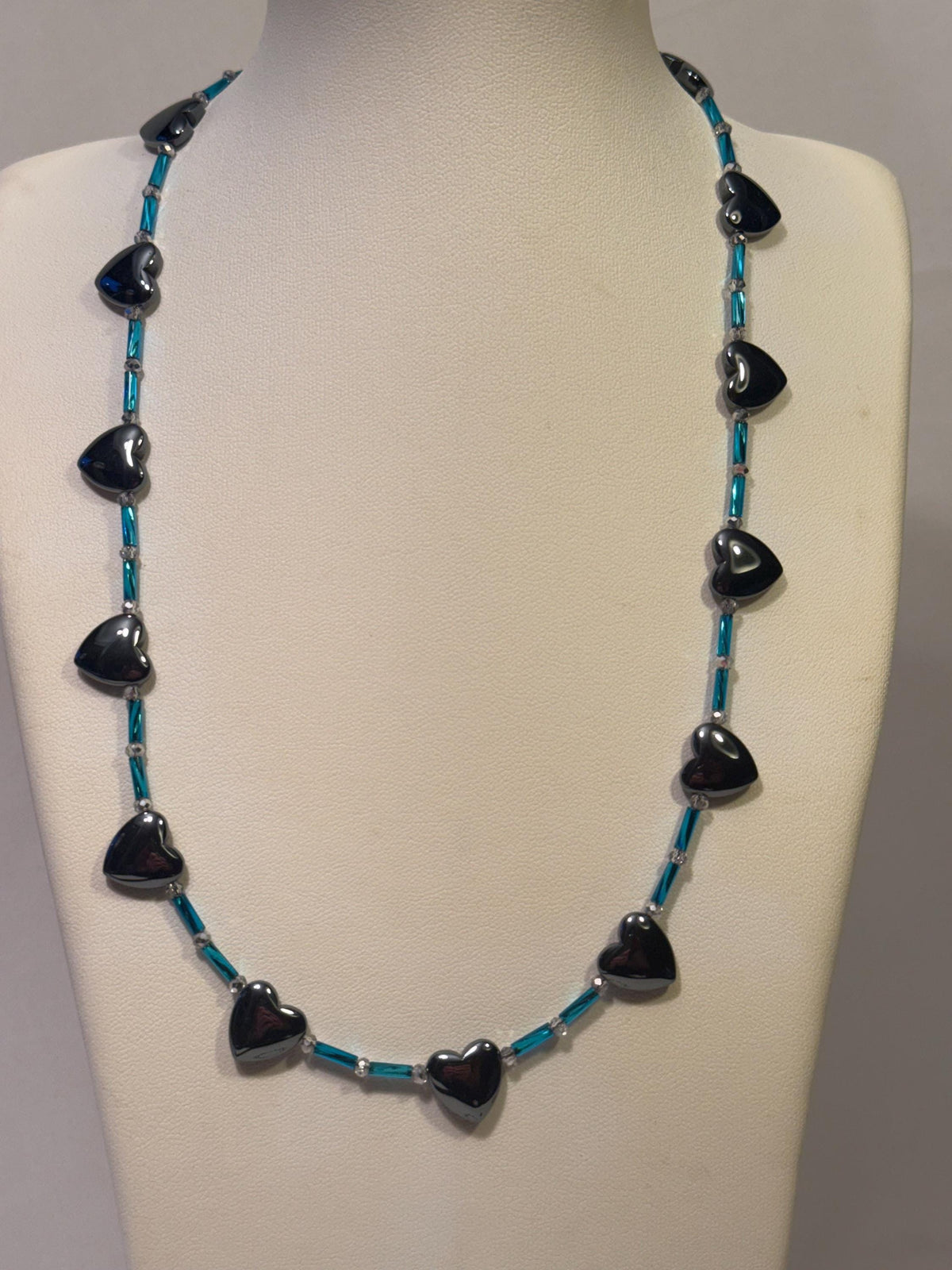 Hematite Heart Necklace â€“ Blue & Silver Beaded Statement Necklace, Bracelet Set