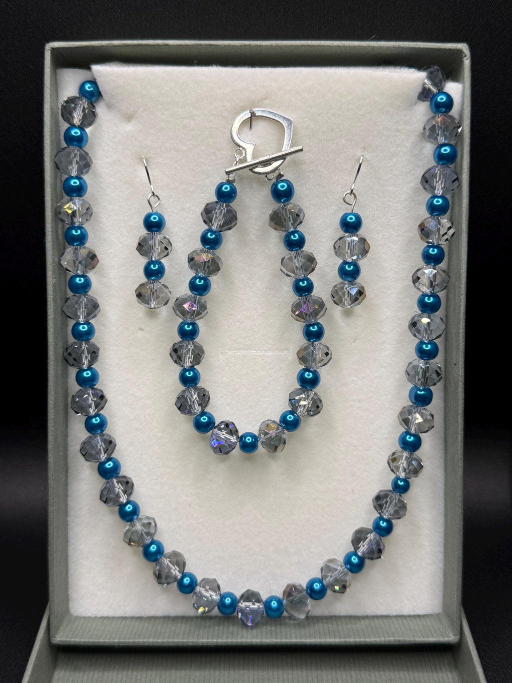 Blue Pearl with Clear Crystals 3 piece set