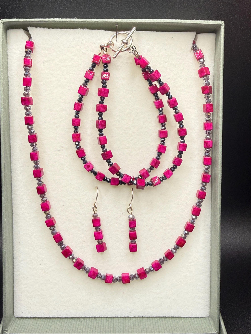 Pink Square Beads with Black Crystal Necklace, Bracelet & Earring set