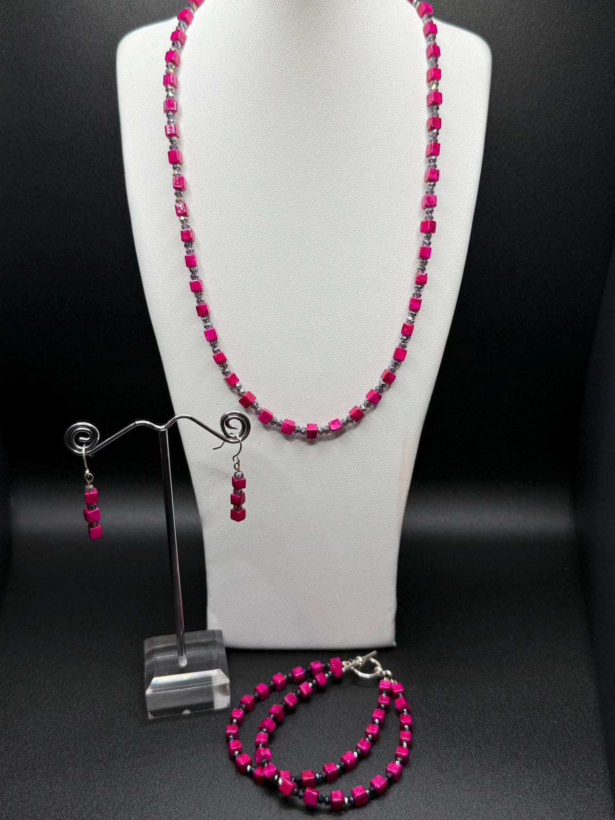Pink Square Beads with Black Crystal Necklace, Bracelet & Earring set