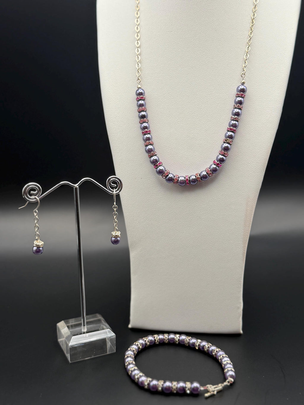 Purple Pearl Jewellery Set â€“ Handmade Necklace, Bracelet & Earrings