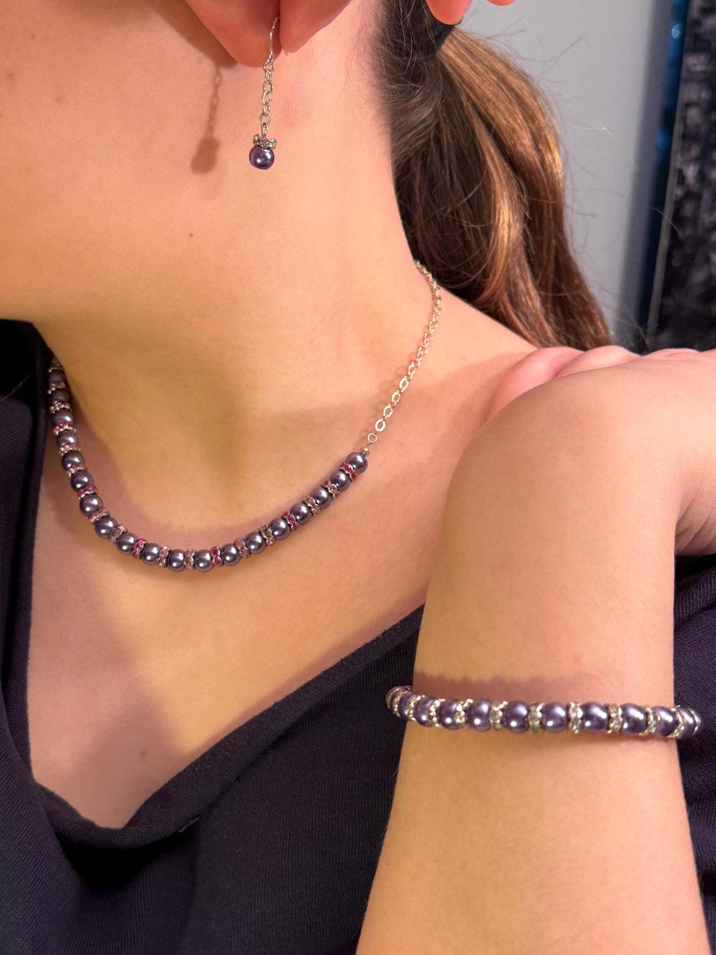 Purple Pearl Jewellery Set â€“ Handmade Necklace, Bracelet & Earrings