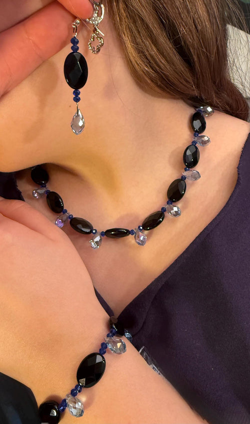 Black Oval with Blue Teardrop Crystal Bead Necklace, Earring & Bracelet Jewellery Set