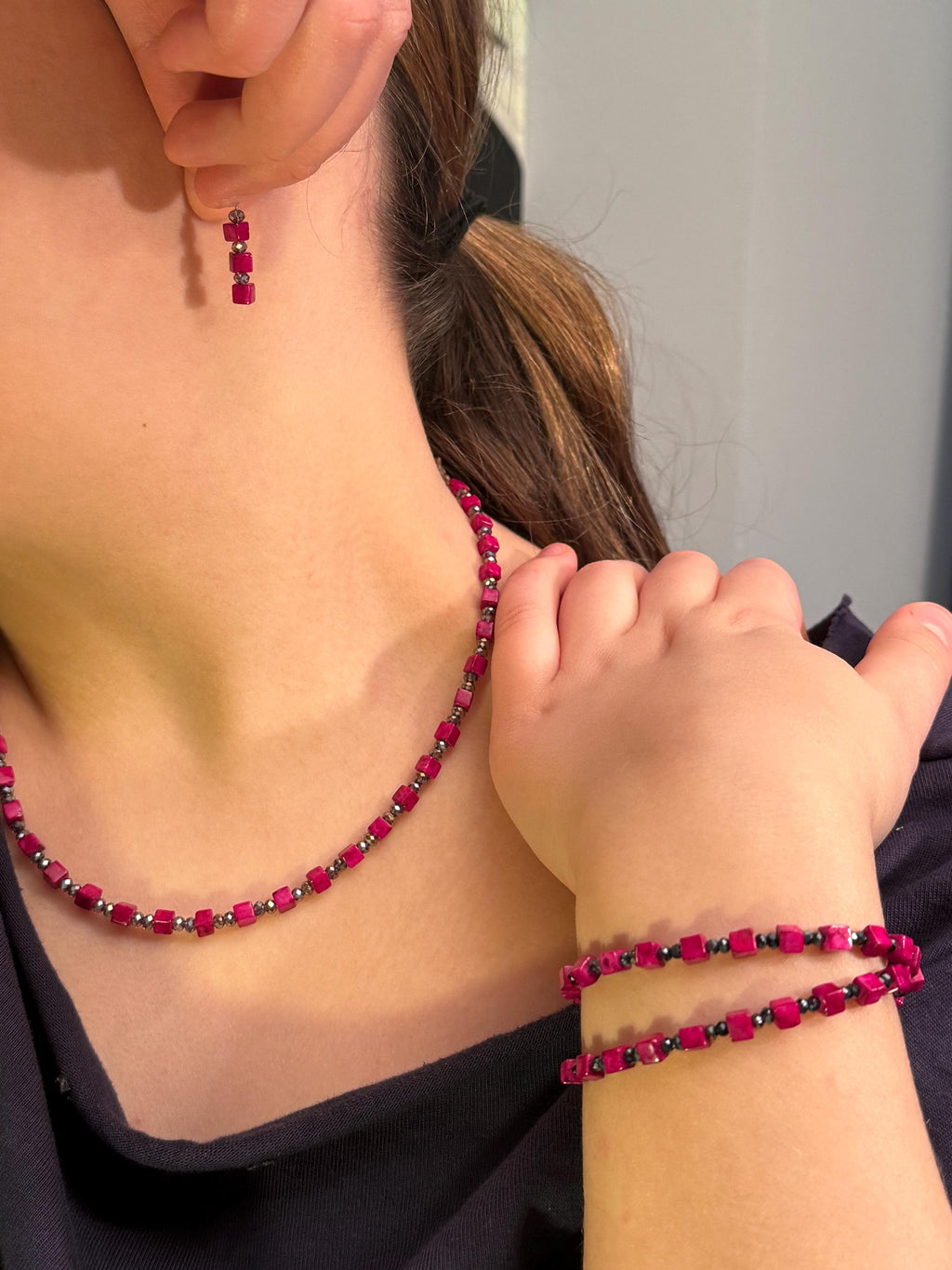 Pink Square Beads with Black Crystal Necklace, Bracelet & Earring set