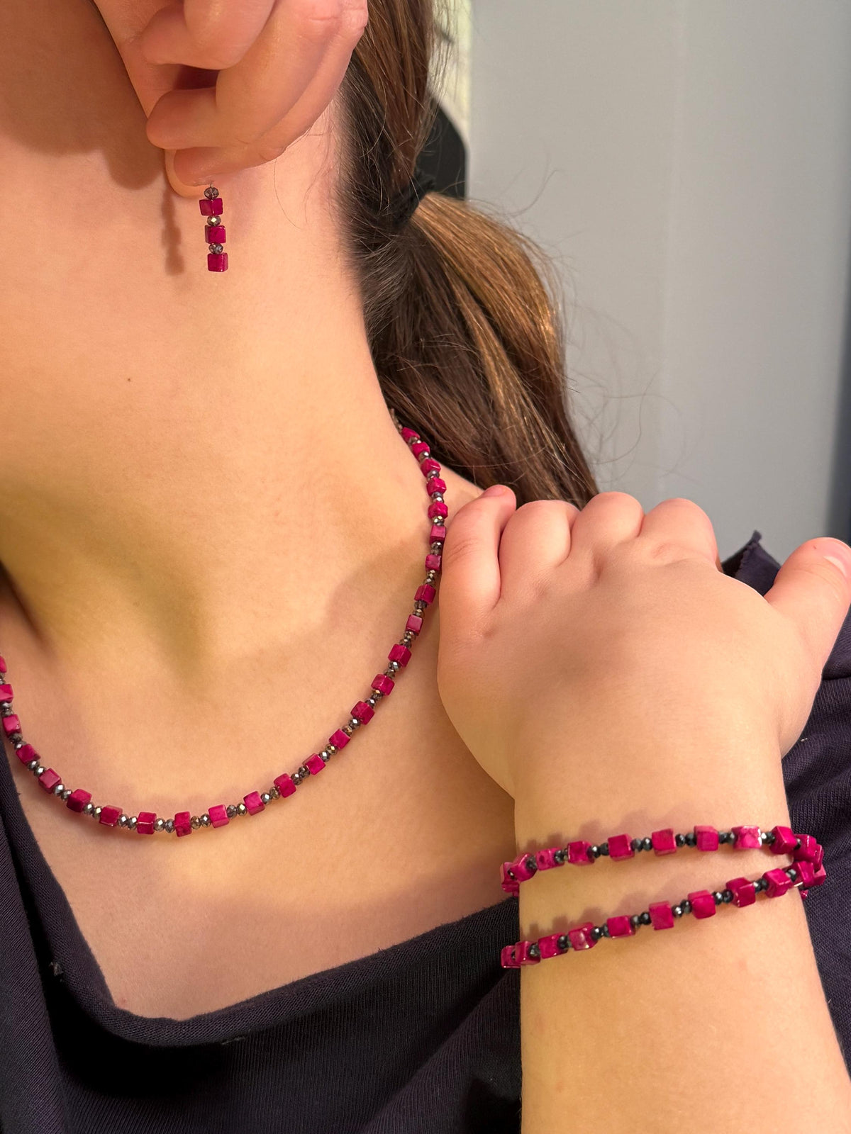 Pink Square Beads with Black Crystal Necklace, Bracelet & Earring set