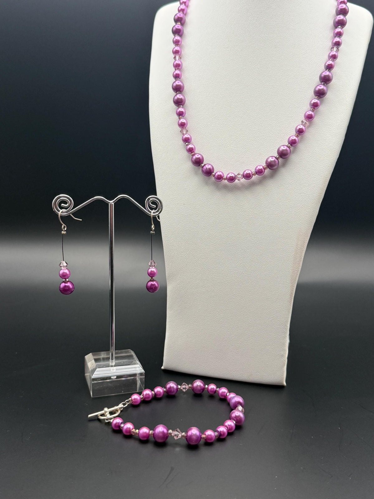 Swarovski Crystal Purple Pearl Jewelry Set | Necklace, Bracelet, Earrings | Elegant Handmade Wedding Gift