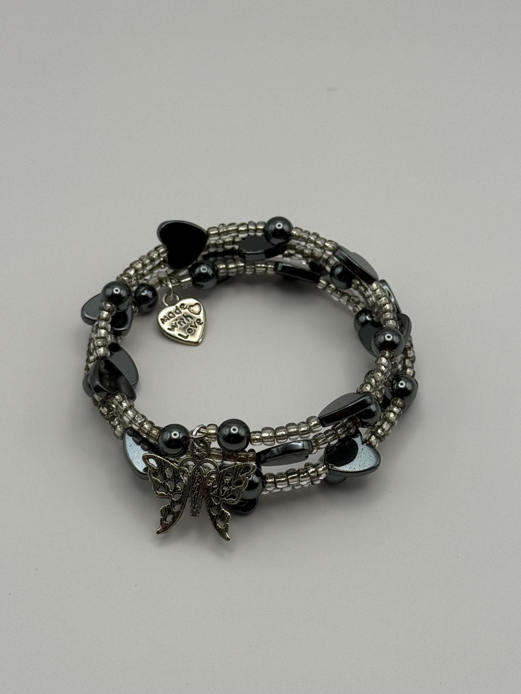 Black Hermatite Heart with silver seed beads memory wire Bracelet