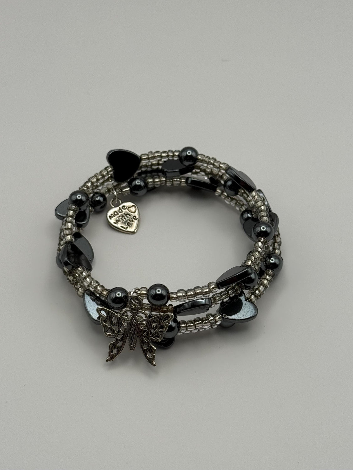Black Hermatite Heart with silver seed beads memory wire Bracelet