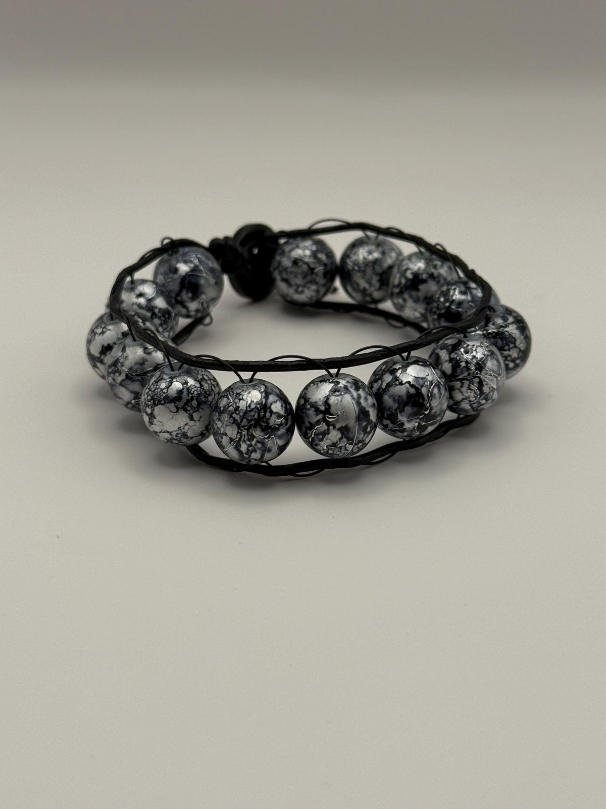 Black & Grey Marled Beaded Cord Bracelet with Button Fastener.