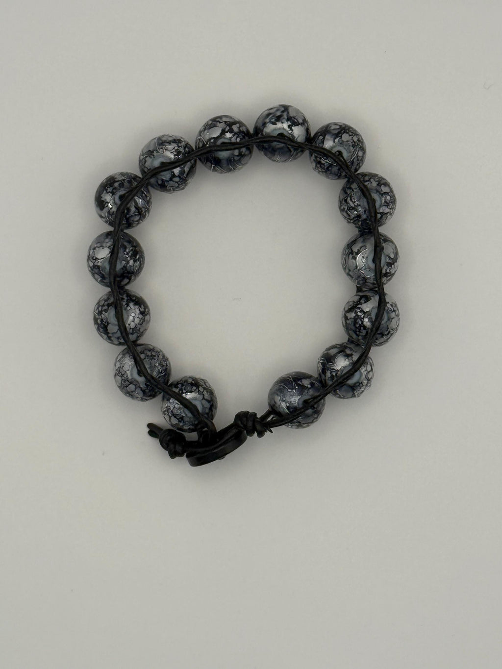 Black & Grey Marled Beaded Cord Bracelet with Button Fastener.