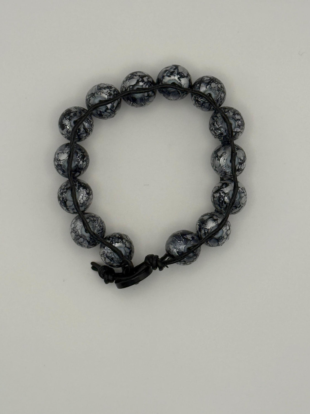 Black & Grey Marled Beaded Cord Bracelet with Button Fastener.