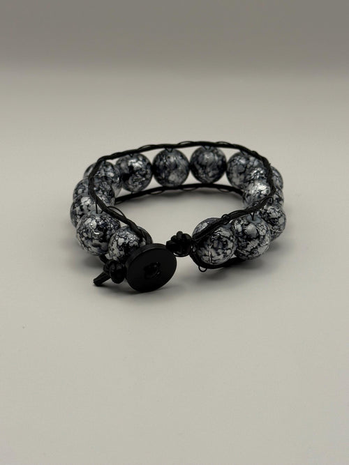Black & Grey Marled Beaded Cord Bracelet with Button Fastener.