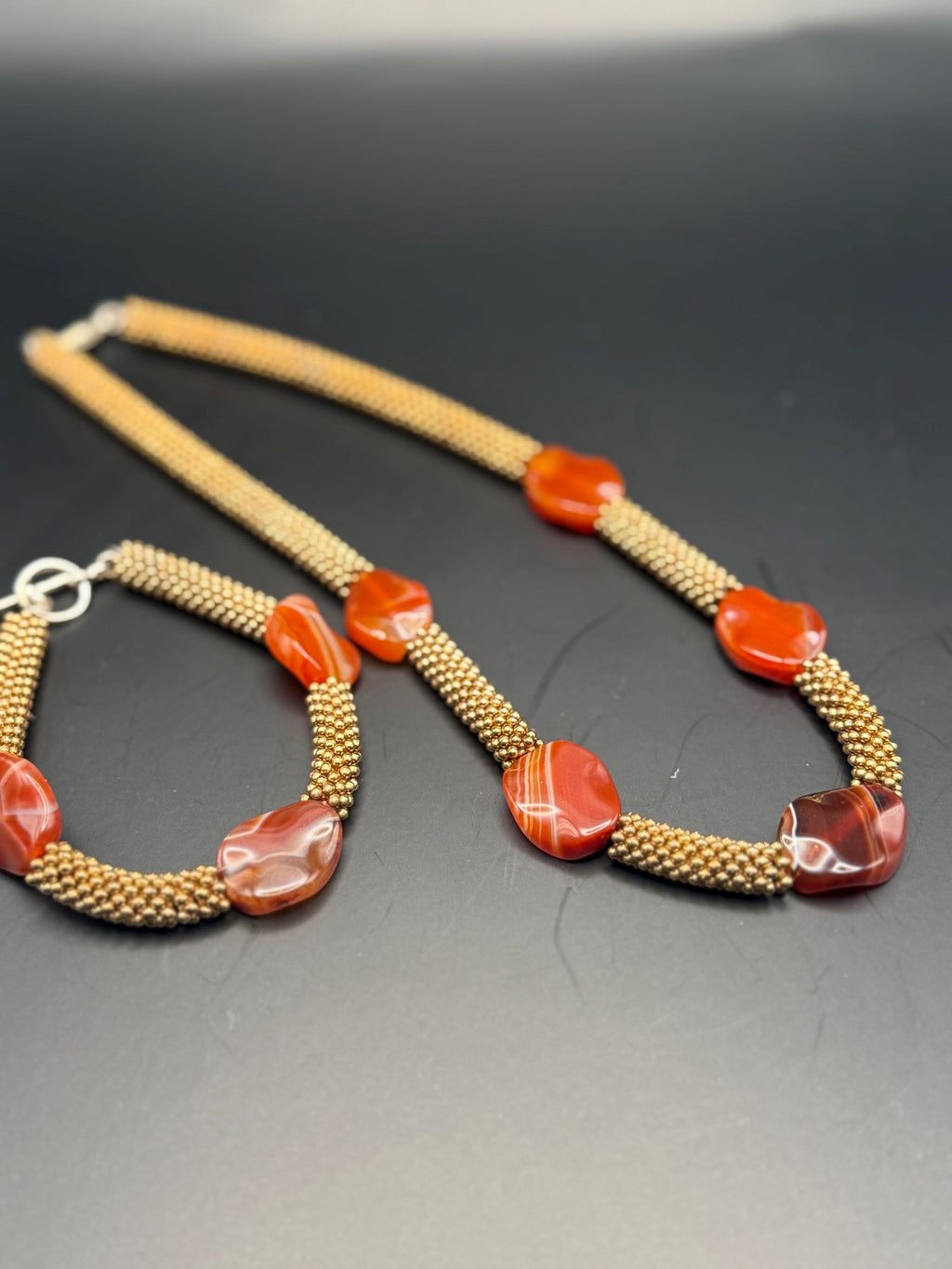 Orange Carnelian with Gold Rope effect Necklace & Bracelet Set