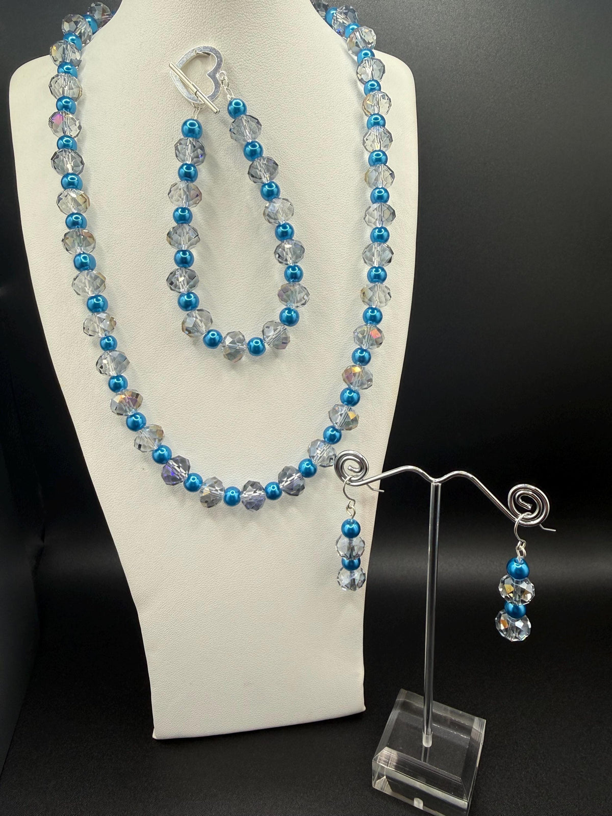 Blue Pearl with Clear Crystals 3 piece set