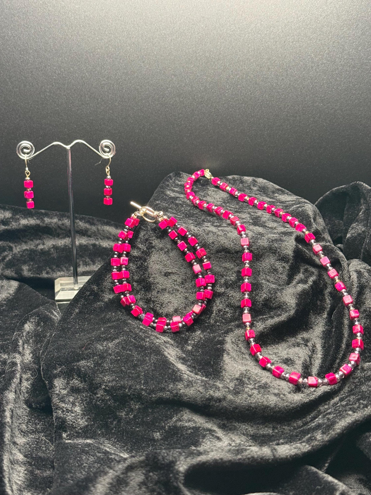 Pink Square Beads with Black Crystal Necklace, Bracelet & Earring set
