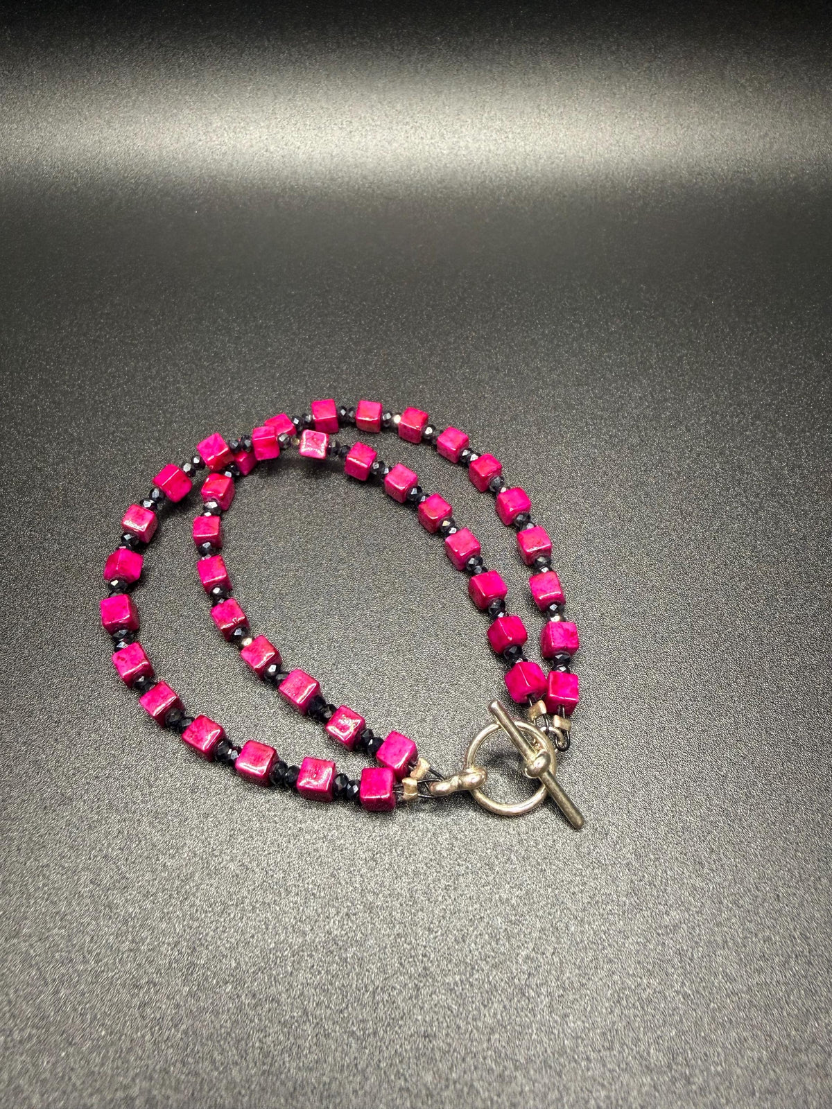 Pink Square Beads with Black Crystal Necklace, Bracelet & Earring set