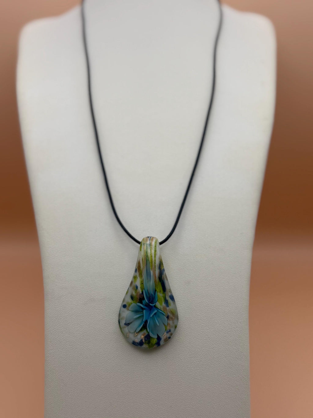 Blue Floral Glass Teardrop Pendant Necklace, Nature Inspired Artisan Jewellery