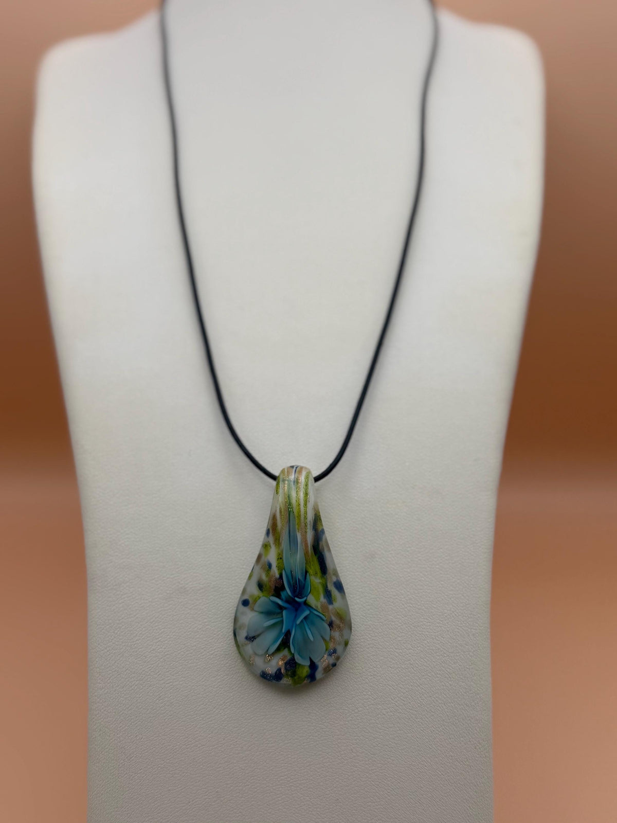 Blue Floral Glass Teardrop Pendant Necklace, Nature Inspired Artisan Jewellery