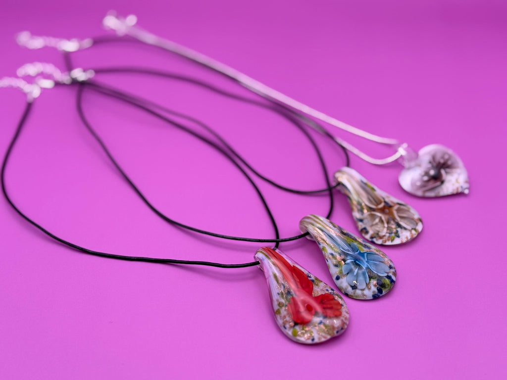 Hand Blown Glass Flower Pendant Necklace, Teardrop Heart Floral Jewelry