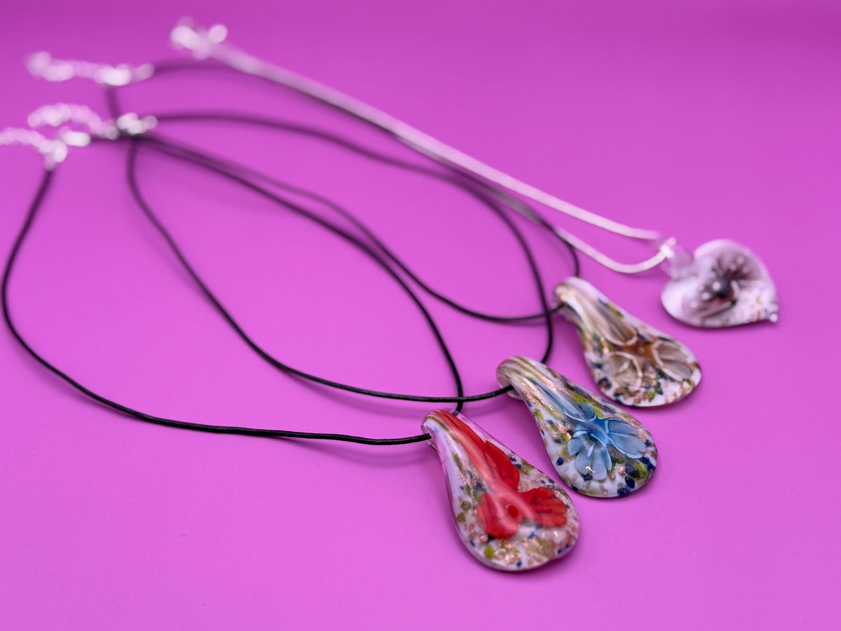 Hand Blown Glass Flower Pendant Necklace, Teardrop Heart Floral Jewelry