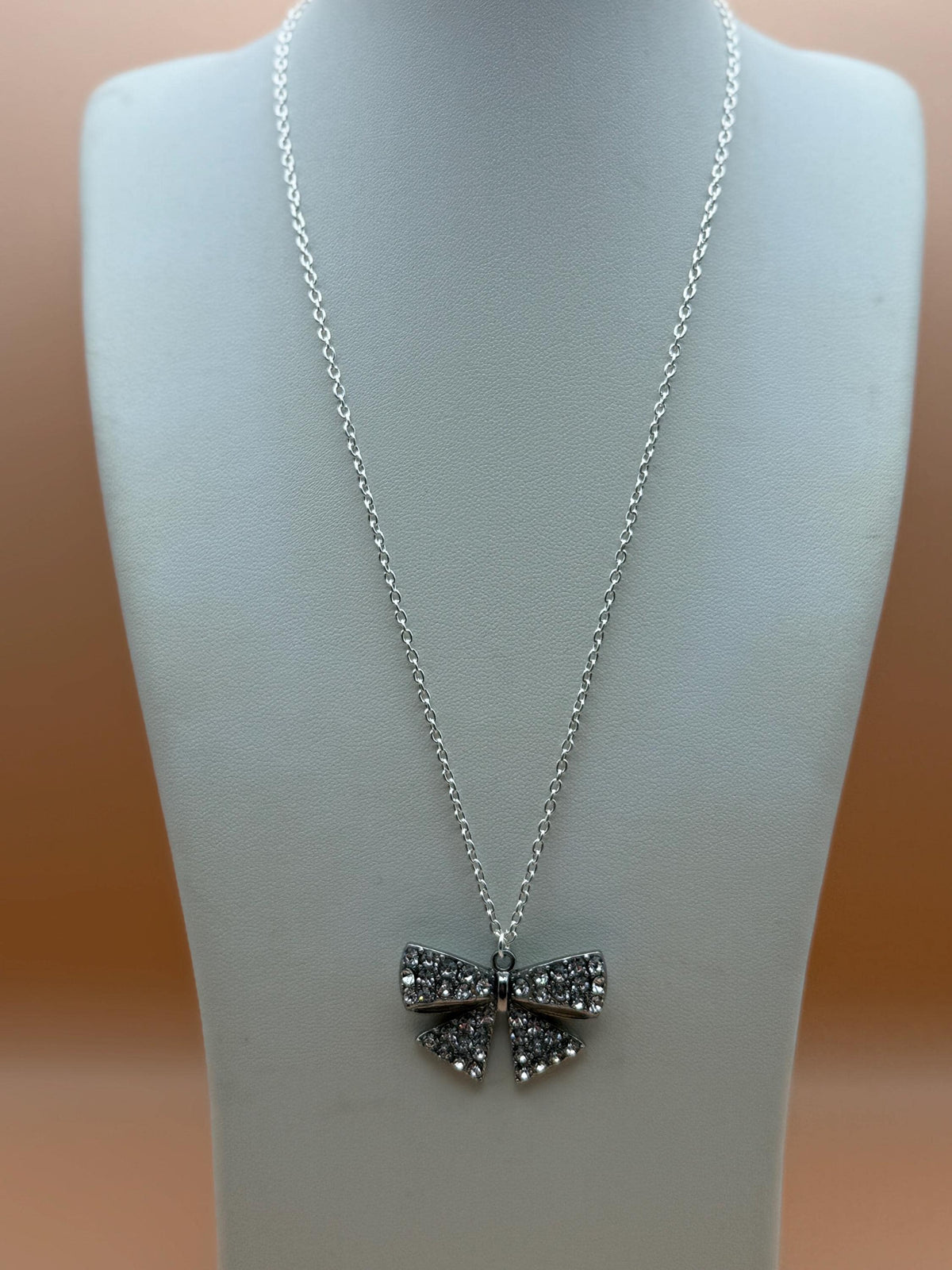 Silver Diamonte Bow Pendant Necklace