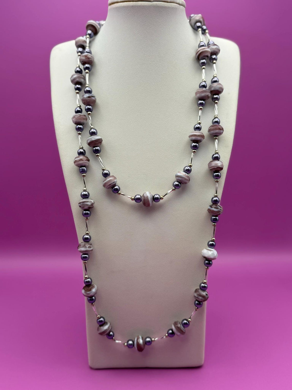 Marbled Purple Long Beaded Necklace - Statement Jewellery for her