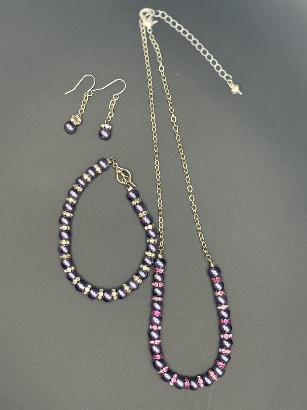 Purple Pearl Jewellery Set â€“ Handmade Necklace, Bracelet & Earrings