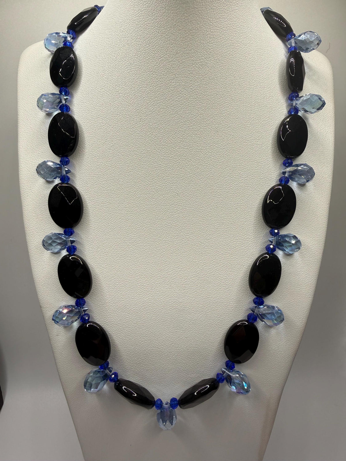 Black Oval with Blue Teardrop Crystal Bead Necklace, Earring & Bracelet Jewellery Set
