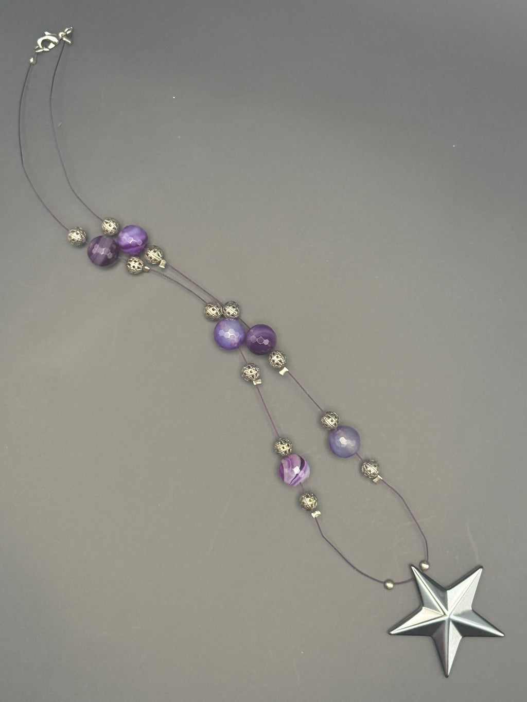 Purple bead with Black Hermatite Star Pendant Necklace