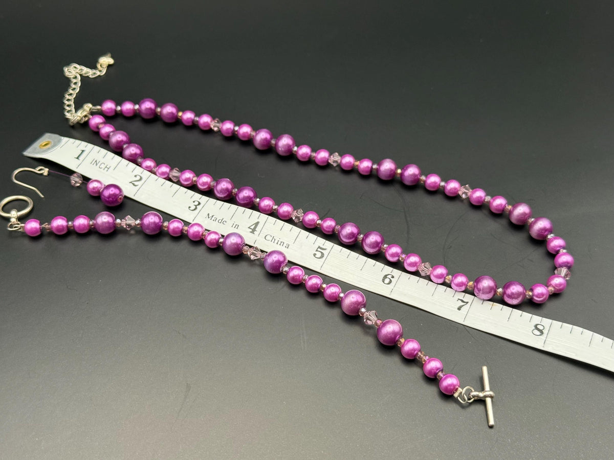 Swarovski Crystal Purple Pearl Jewelry Set | Necklace, Bracelet, Earrings | Elegant Handmade Wedding Gift