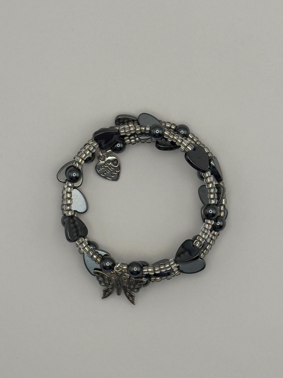 Black Hermatite Heart with silver seed beads memory wire Bracelet