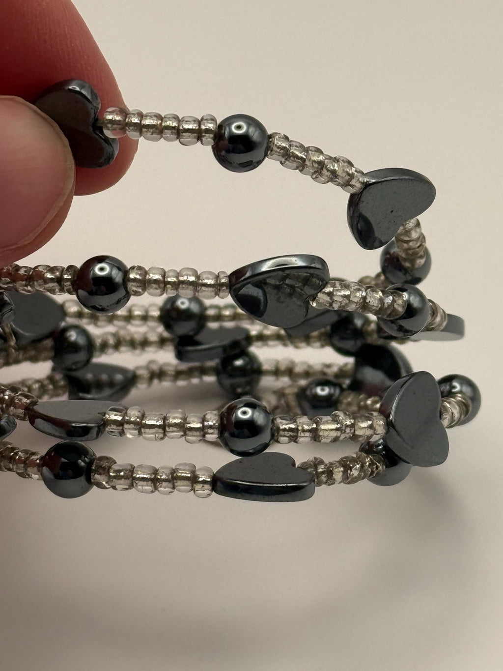 Black Hermatite Heart with silver seed beads memory wire Bracelet