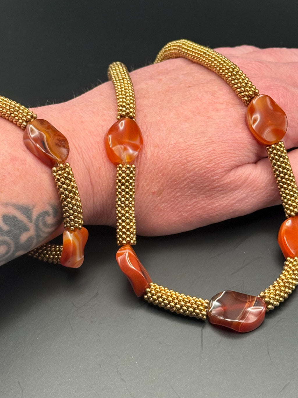 Orange Carnelian with Gold Rope effect Necklace & Bracelet Set