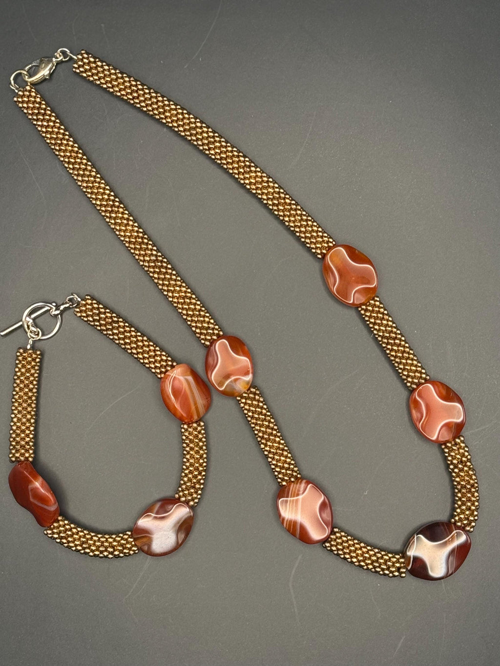 Orange Carnelian with Gold Rope effect Necklace & Bracelet Set