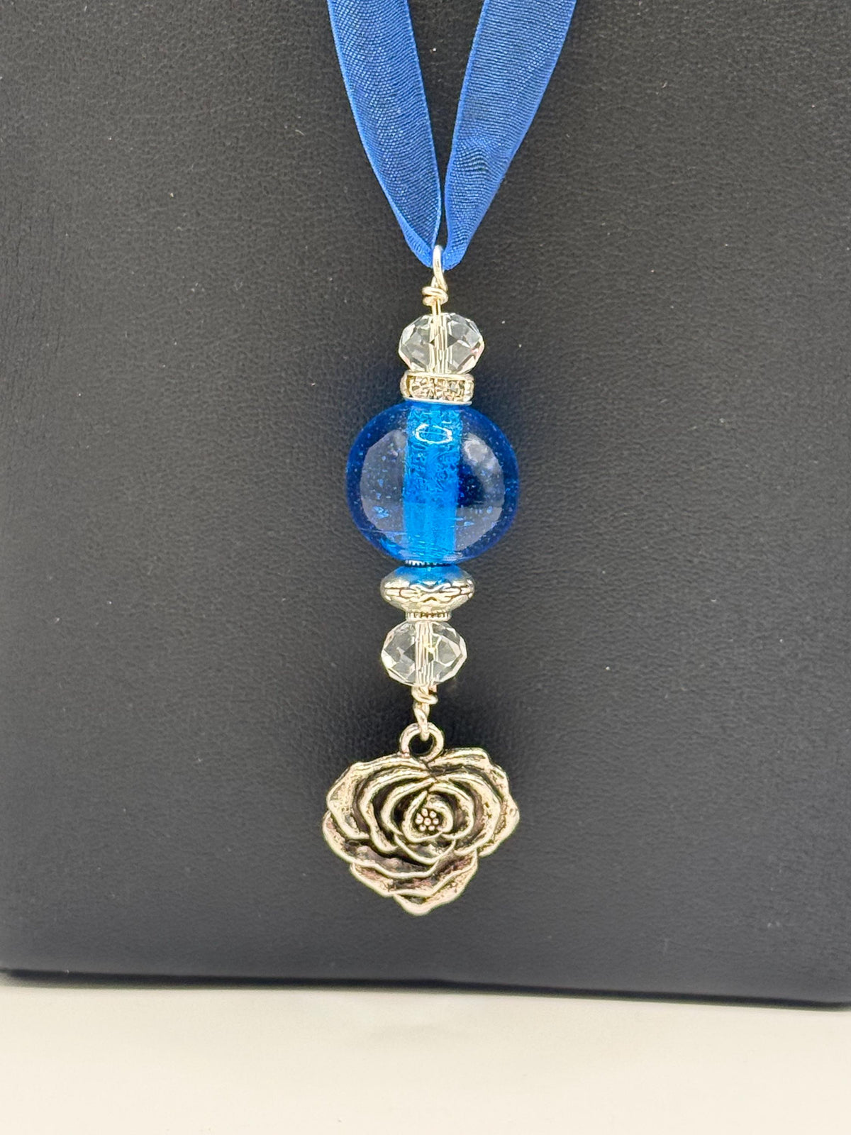 Blue Bead & Heart Pendant Necklace on Ribbon