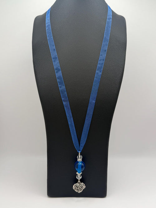 Blue Bead & Heart Pendant Necklace on Ribbon